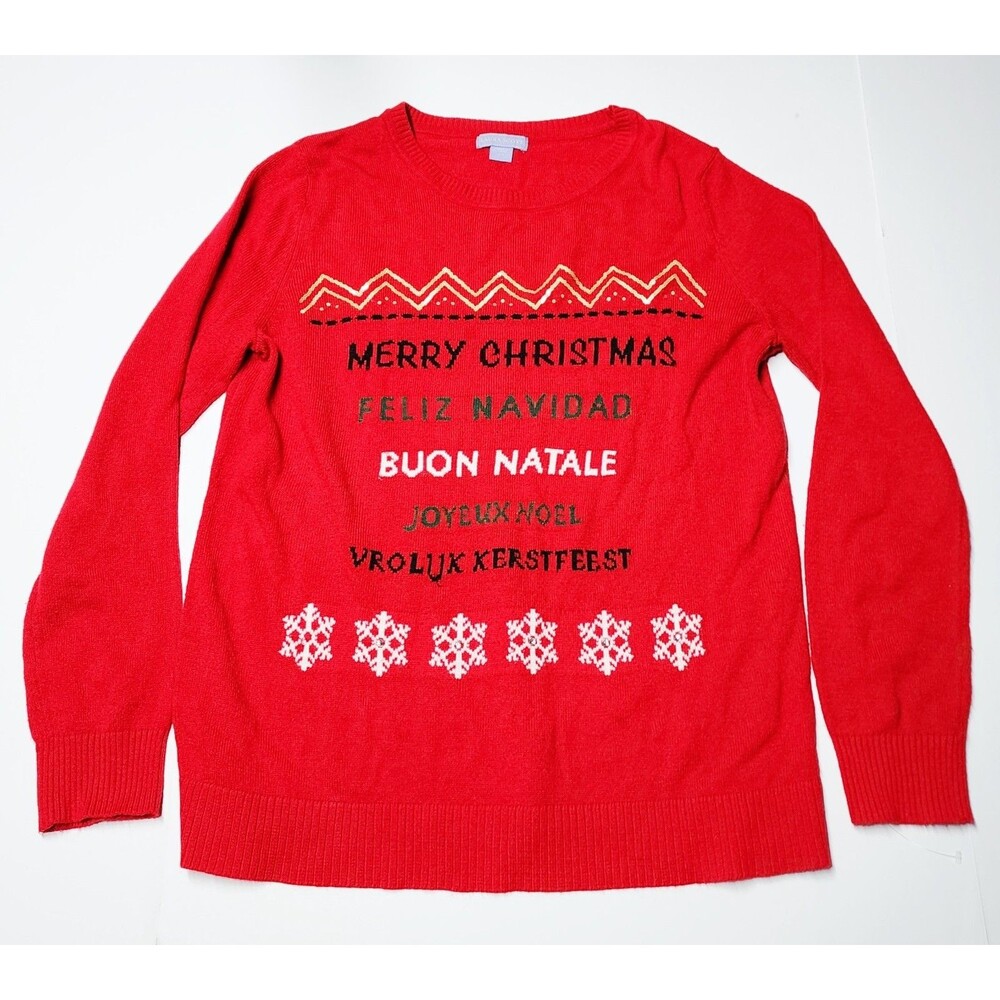 LAURA SCOTT CHRISTMAS SWEATER Size Large Knitted Snowflakes Feliz Navidad EUC